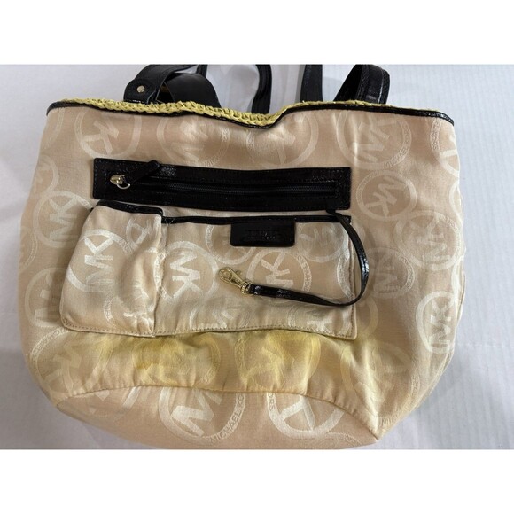 Michael Kors Womens Santorini Tote Bag Yellow Black Straw Patent Leather Woven - Picture 12 of 16